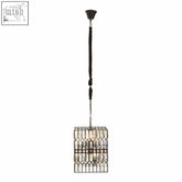 Black wrought iron pendant light with clear crystal accents and rectangular frame in babylon black crystal style
