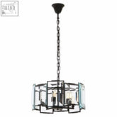 Black six bulb chandelier with clear glass panels and exposed bulbs in a sleek black metal frame