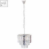 Babylon eight bulb chrome chandelier with sleek frame and cascading crystal droplets catching the light