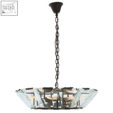 Black metal chain suspends babylon large 8 light pendant light with translucent angular glass panels in geometric pattern