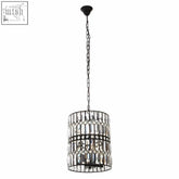 Black metal six light pendant light with cylindrical frame and clear faceted crystal accents for elegant lighting