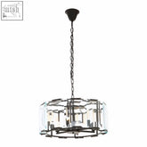 Small black chandelier with six lights clear crystal accents and chain suspension perfect for dining rooms
