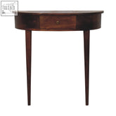 Dark brown wooden backless mounted chestnut console table with single drawer and slender legs for entryway or hallway