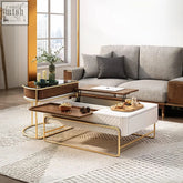 Modern white and wood bagnell lift up coffee table with gold metal frame perfect for stylish living rooms