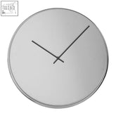 Bailie chrome and mirror wall clock with sleek minimalist design featuring reflective silver surface and thin black hands