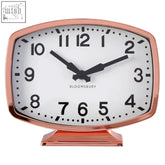 Baillie rose gold finish table clock with rose gold rectangular case black hands and bold numerals on white face