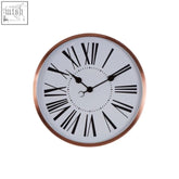 Baillie rose gold wall clock with a white face, black roman numerals, and copper-colored metal frame
