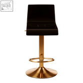Baina black acrylic seat bar stool with gold base and footrest featuring black upholstery and gold-toned metal legs