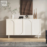 White modern balfour shoe storage sideboard with arched panel doors and slender legs in two sizes available