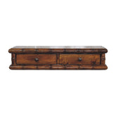 Bamboo two drawer console table with bamboo-style wooden design and dark bronze knob handles for wall mounting