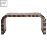 Curved coffee table with distinctive striped bamboo inlay in dark brown and lighter wood tones for stylish living rooms