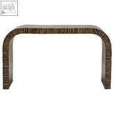 Bambusa bamboo inlay curved console table with a distinctive striped dark wood finish and bamboo inlay design