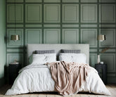 Bamford plush light gray upholstered bed with tufted headboard white bedding and faux wood frame with checkered pillows