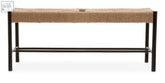 Black wood large bench with natural rope woven beige seat perfect for indoor or outdoor seating