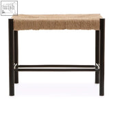 Black wood small bench with bandar natural rope woven seat in natural tones perfect for compact spaces