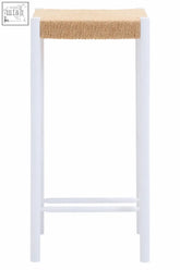 White bar stool with a natural rope seat and woven beige detailing perfect for kitchen or bar use