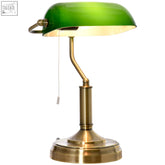 Green glass desk lamp with brass base and pull rope perfect for banker style desk lighting