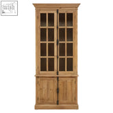 Light-colored wooden banten cabinet with glass-paneled upper doors and distinctive patterns with black metal hardware