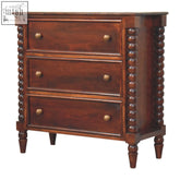 Dark wood barclay 3-drawer chest of drawers in winewood oak tone with solid mango wood and antique brass knobs