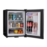 Black barcool bar40 led mini bar fridge with open door stocked with beverages and snacks for easy access
