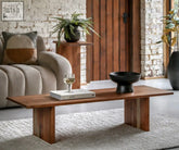 Minimalist bardo coffee table made of wood with a smooth medium brown finish and sturdy rectangular legs