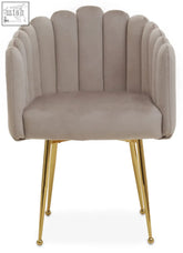 Beige mink velvet scalloped dining chair with gold tone metal legs perfect for stylish dining rooms