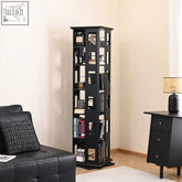 Black solid wood bartholomew rotating bookshelf with multiple shelves and open rectangular cutouts for magazines and books