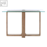 Modern barton glass console table with clear glass top and light oak wood effect legs console table features