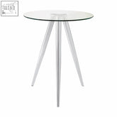 Barton round glass bar table with clear glass top and three slender chrome legs perfect as a glass bar table