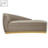 Beige upholstered batix grey left arm chaise lounge with sleek modern design and gold tone metal base