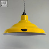 Vibrant summer yellow enamel pendant light with benjamin label factory second pre-wired bulb holder and black cord
