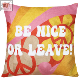 Be nice or leave needlepoint cushion with vibrant pink yellow red psychedelic swirls peace signs and hearts design