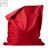 A vibrant red glossy kids bean bag with soft folds made of indoor outdoor water-resistant fabric for comfy seating