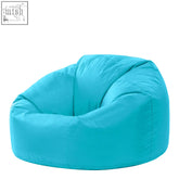 A vibrant aqua blue outdoor bean bag with soft plush fabric and cozy rounded contours perfect for garden seating
