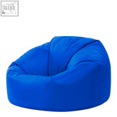 Bright blue outdoor bean bag with soft plush fabric and large cushioned shape perfect for garden seating