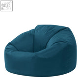 Teal bean bag with soft plush fabric and rounded cushioned form perfect as an outdoor bean bag with water resistant fabric