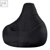 Black bean bag chair with smooth glossy fabric and stitching detail perfect for gaming and indoor outdoor use