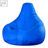 Vibrant blue bean bag chair with smooth glossy fabric and teardrop shape perfect for gaming and indoor outdoor use