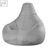 A sleek grey bean bag chair with smooth water resistant fabric and subtle stitching perfect for gaming or indoor outdoor use