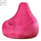 A vibrant pink bean bag chair with smooth glossy fabric and stitched seams perfect for gaming and indoor outdoor use