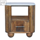Rustic beaumont marble bedside table with white marble top and round ball feet in solid mango wood finish