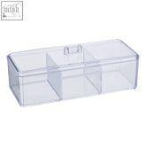 Clear plastic cosmetics organiser with three compartments rectangular shape and removable transparent lid