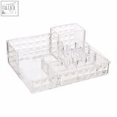 Clear acrylic cosmetic organiser with a geometric diamond pattern and eleven compartments for makeup storage