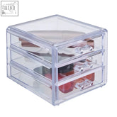 Clear acrylic transparent cosmetics organiser with three drawers and transparent handles for easy storage