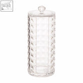 Beauty cotton pad holder is a clear glass candy jar with a faceted round cylindrical shape and crystal appearance cosmetic organiser
