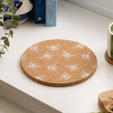 Round cork pot stand with white bee illustrations heat resistant cork coaster perfect for pot stands
