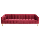 A plush bella 3 seat wine velvet sofa with deep red tufted back and gold tone legs perfect for stylish living rooms
