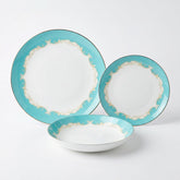 Set of three turquoise and white fine bone china dinnerware pieces with gold-leaf floral detailing belmont 12-piece set