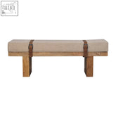 Beige cream boucle bench with wood frame, wooden legs, and brown leather straps for stylish seating by belmont cream boucle