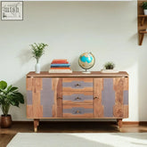 Berkley acacia wood sideboard with solid acacia wood finish, vertical lavender slats, and brass handle drawers